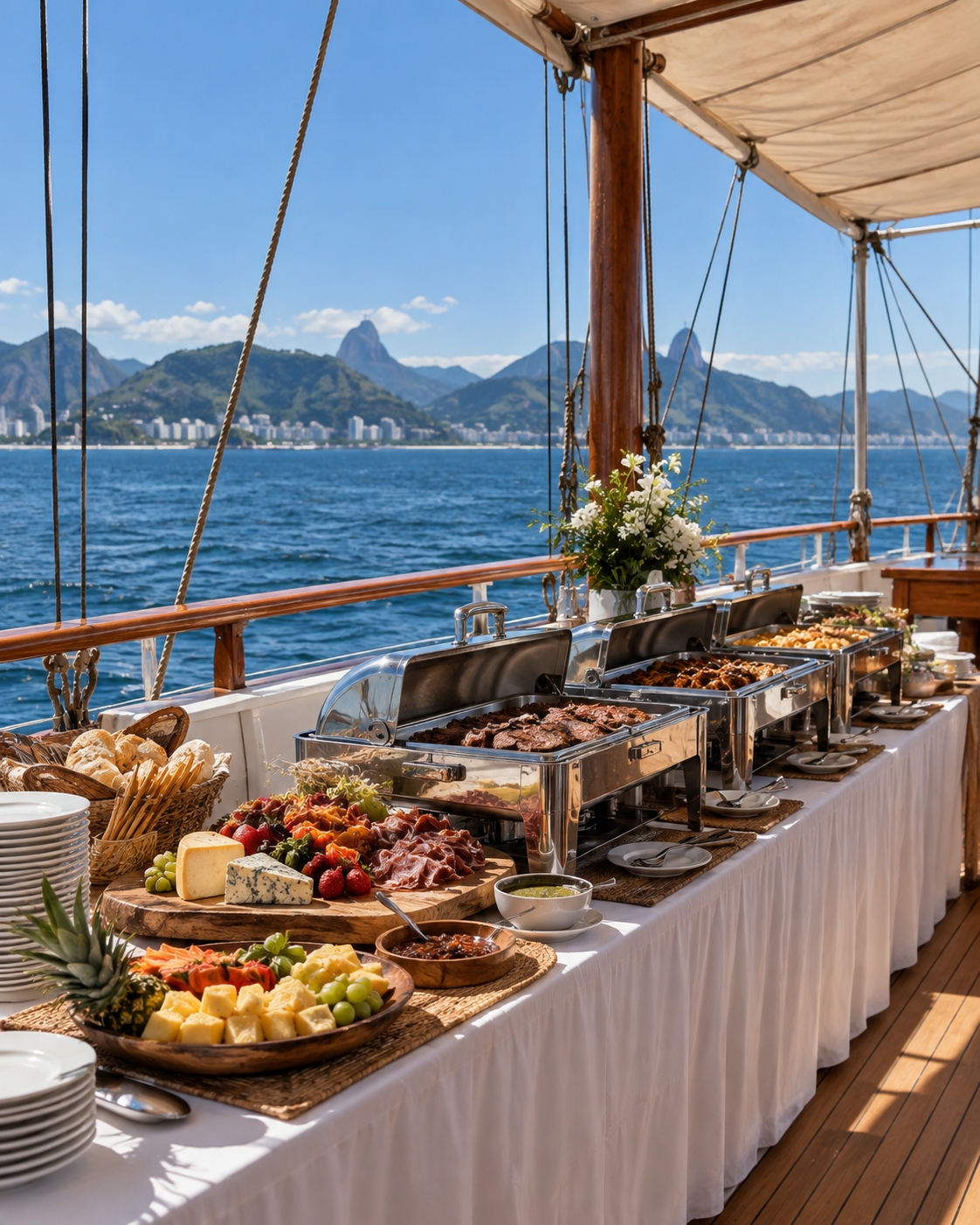 Estação de buffet com réchauds e toalha branca montada no convés do barco